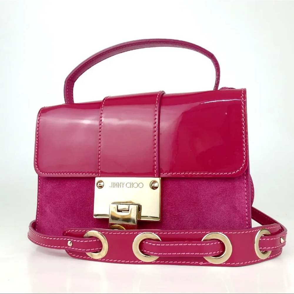 AUTH JIMMY CHOO 2way Handbag Suede Patent Leather RARE Barbie Pink - Picture 3 of 13